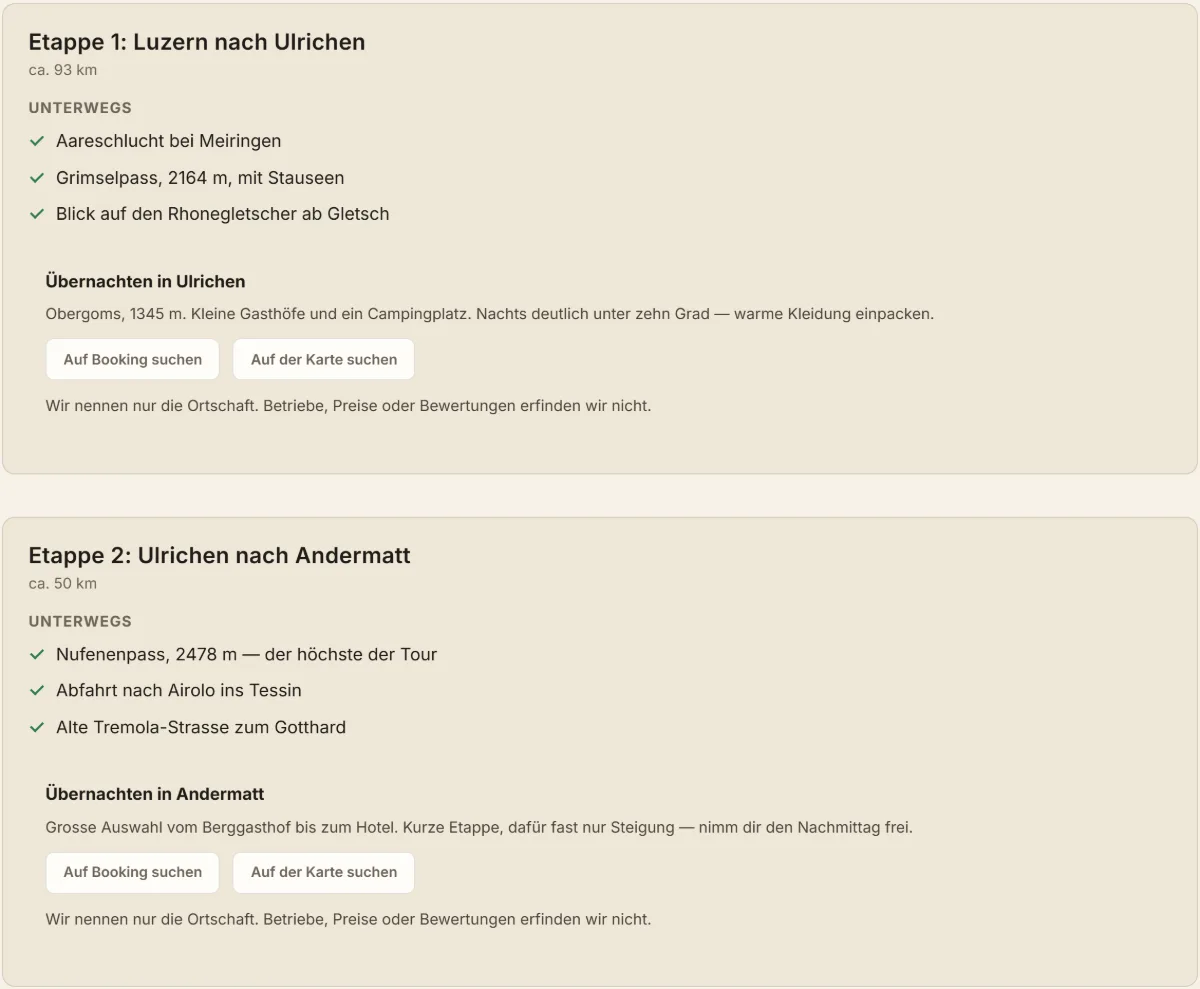 Zwei Etappen einer mehrtägigen Tour mit Kilometerangabe, den Sehenswürdigkeiten unterwegs und einem Hinweis zur Übernachtung.