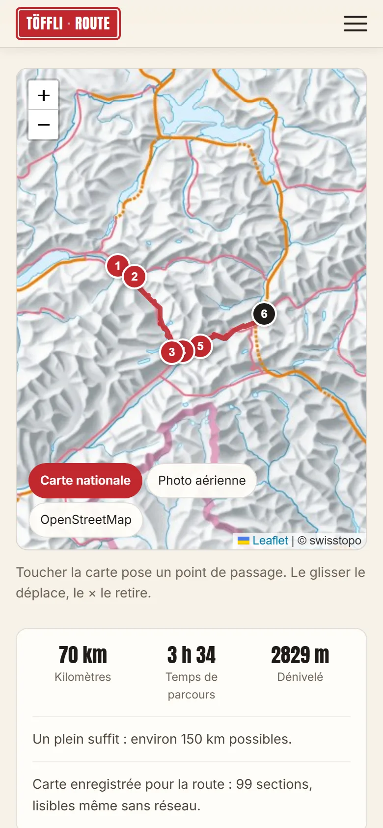 Le planificateur sur le téléphone : un itinéraire rouge avec six étapes sur la carte nationale, en dessous 70 km, 3 h 34 de route et 2829 m de montée.