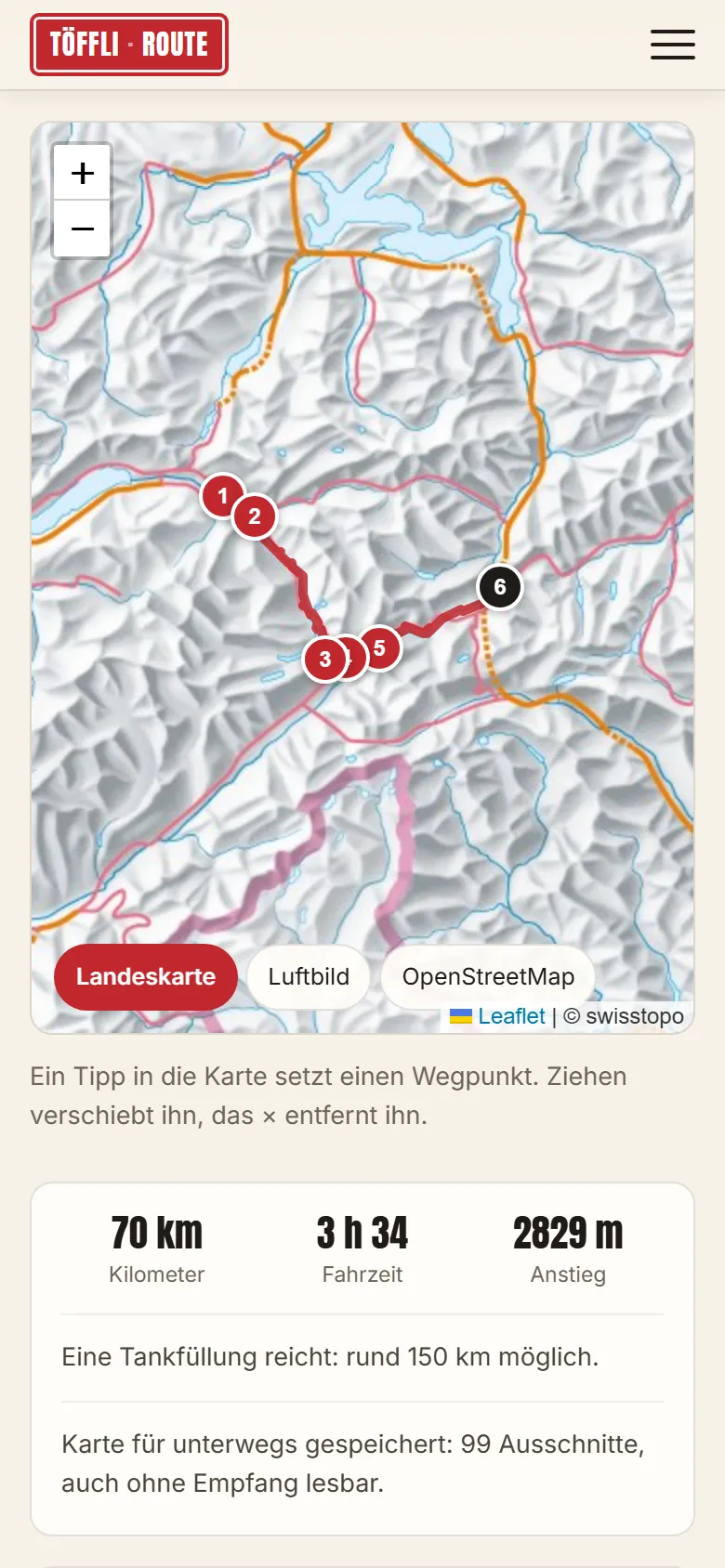 Der Planer auf dem Handy: eine rote Route mit sechs Wegpunkten auf der Landeskarte, darunter 70 km, 3 h 34 Fahrzeit und 2829 m Anstieg.