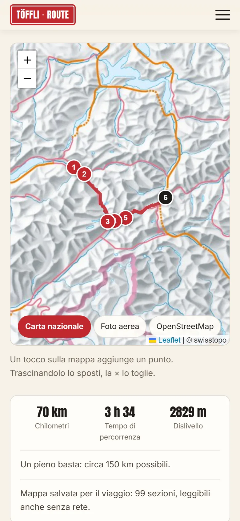 Il pianificatore sul telefono: un percorso rosso con sei tappe sulla carta nazionale, sotto 70 km, 3 h 34 di guida e 2829 m di salita.