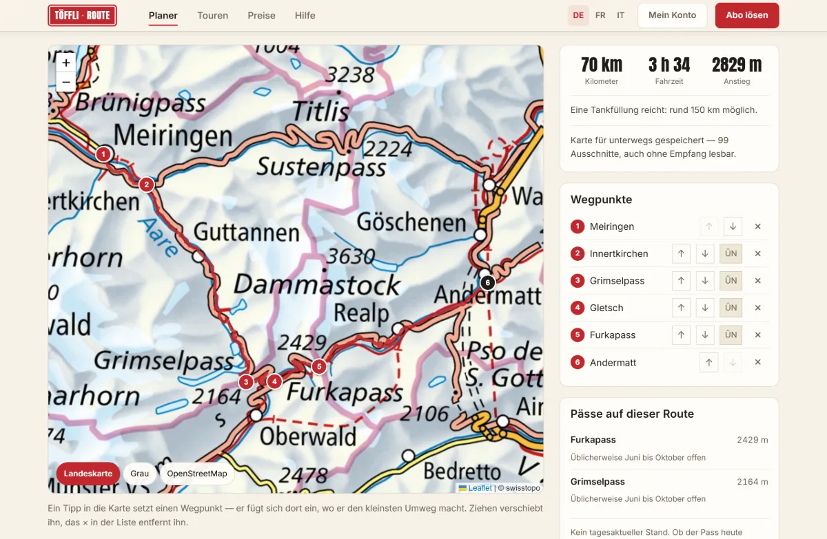 Der Planer mit der Strecke Meiringen–Grimsel–Furka–Andermatt auf der Landeskarte, daneben die Werte ca. 70 km, 3 h 34 und ca. 2829 m Anstieg, die Liste der sechs Wegpunkte und die beiden Pässe.