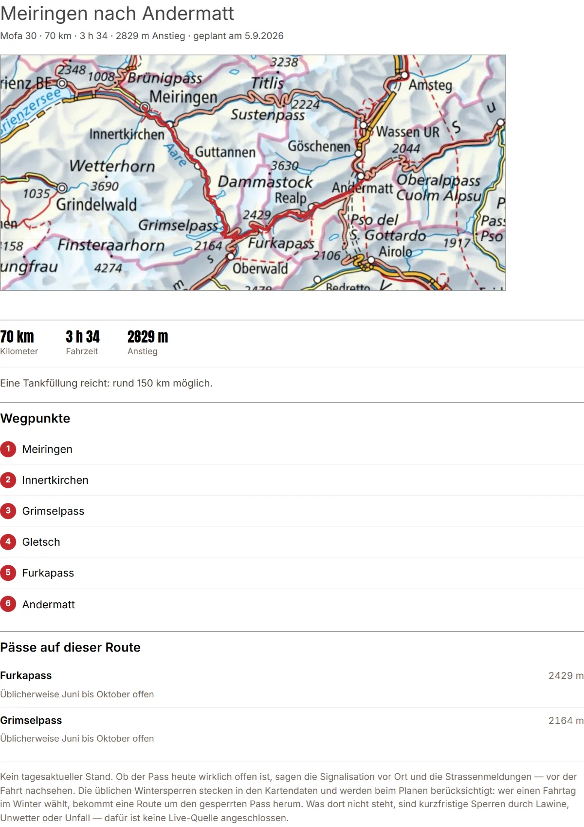 Ausgedrucktes Roadbook: oben die Karte der Strecke Meiringen–Andermatt, darunter ca. 70 km, 3 h 34 und ca. 2829 m Anstieg, die sechs Wegpunkte und Furka- und Grimselpass mit Höhenangabe.