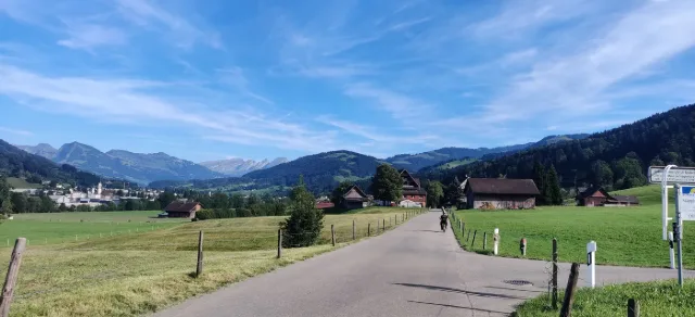 Una strada di campagna tra i prati, montagne sullo sfondo.