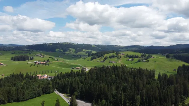 Grüne Hügel und Wälder des Emmentals.