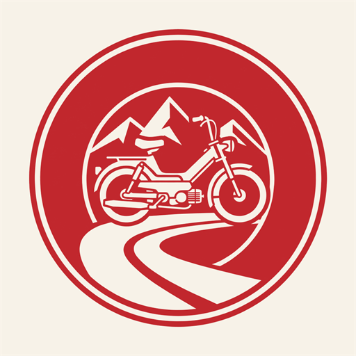 Rundes Emblem in Rot und Creme: ein Töffli vor Bergen, darunter eine kurvige Strasse.